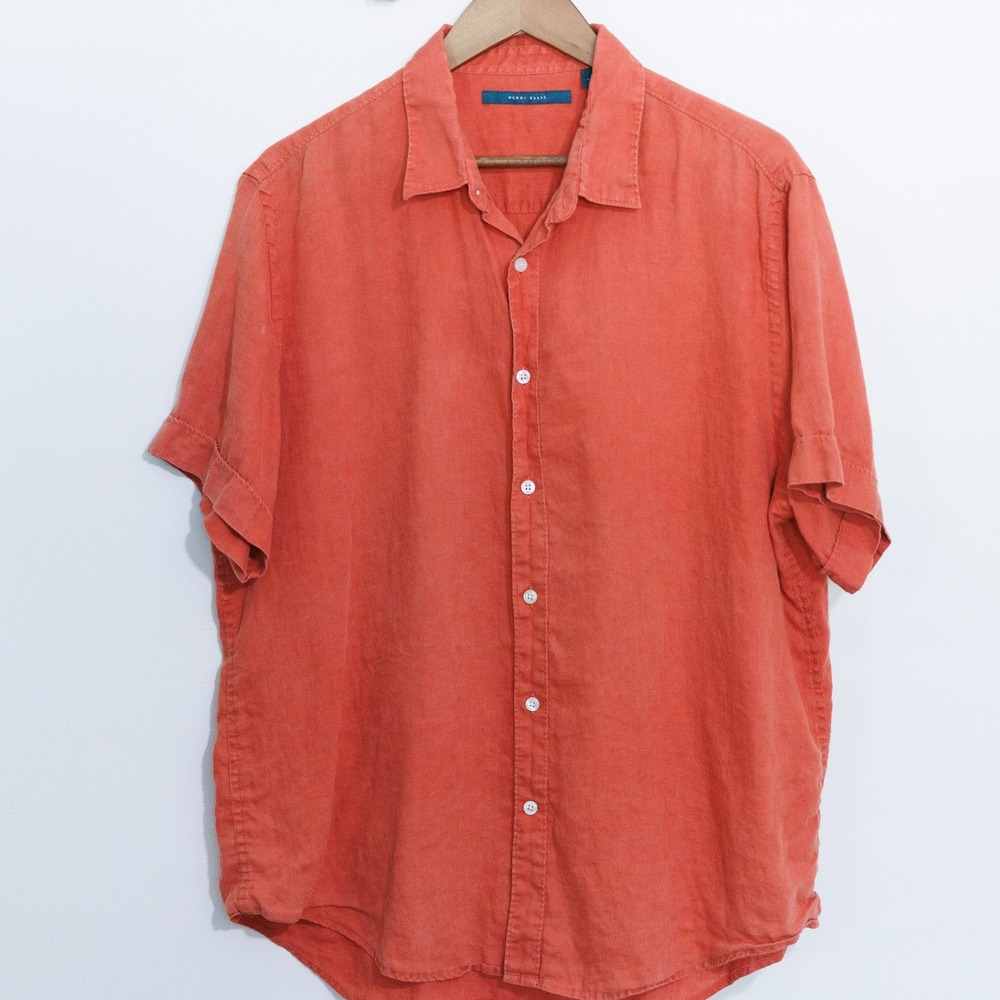 Perry Ellis Mens XL Coral Orange 100% Linen Short Sleeve Button Down Shirt